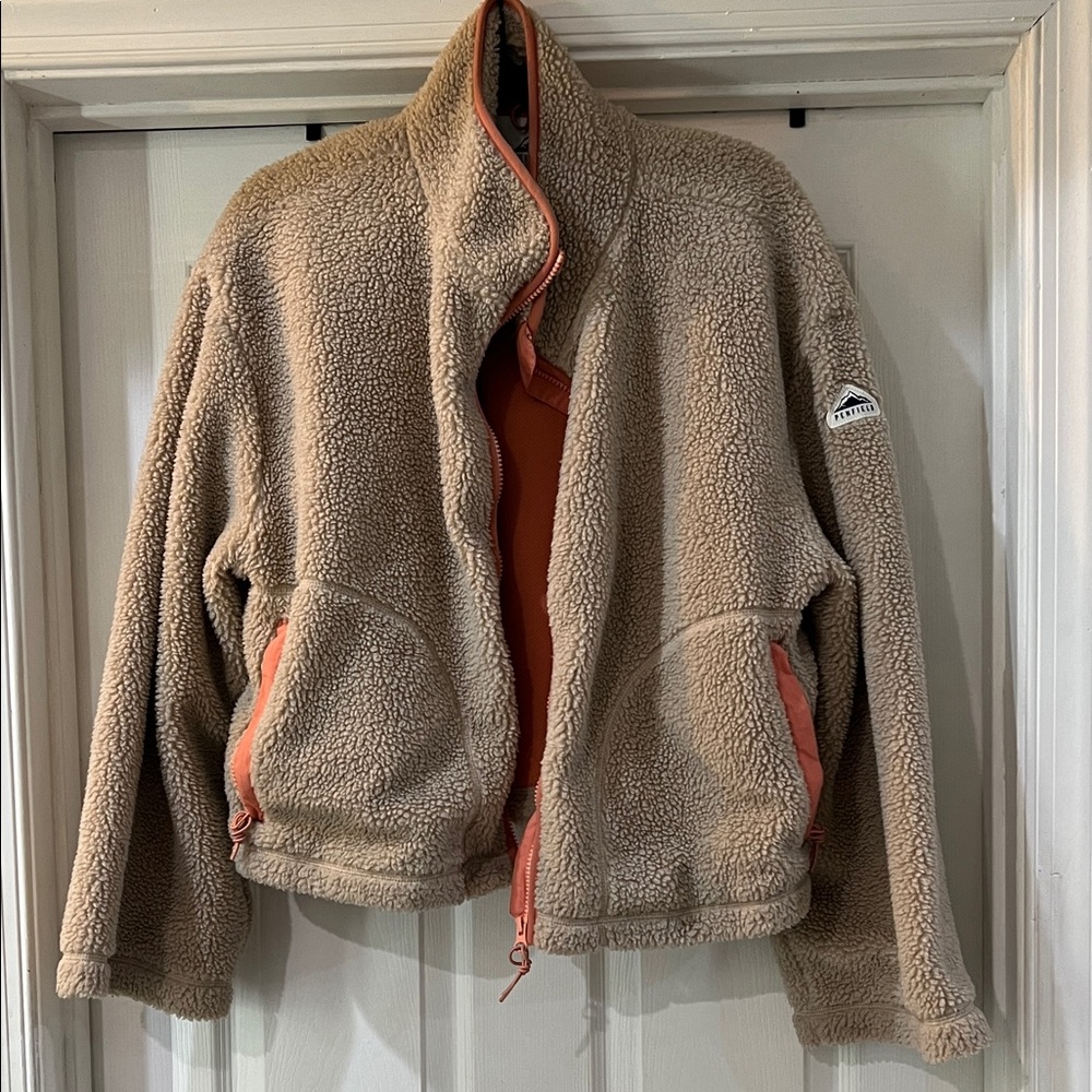 Penfield Tan Sherpa Fleece Teddy Jacket Coral Pink Trim